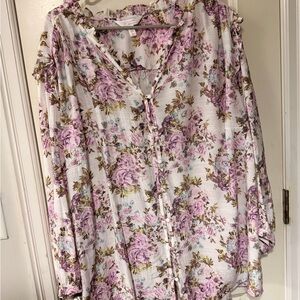LC Lauren Conrad Lavender and White Floral Button-Down Blouse